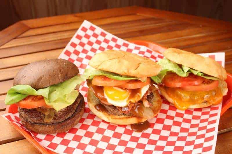 Hamburger with Taro Bun, Loco Moco Burger and Cheeseburger