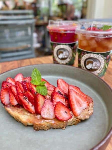 island vintage coffee strawberries almond butter toast