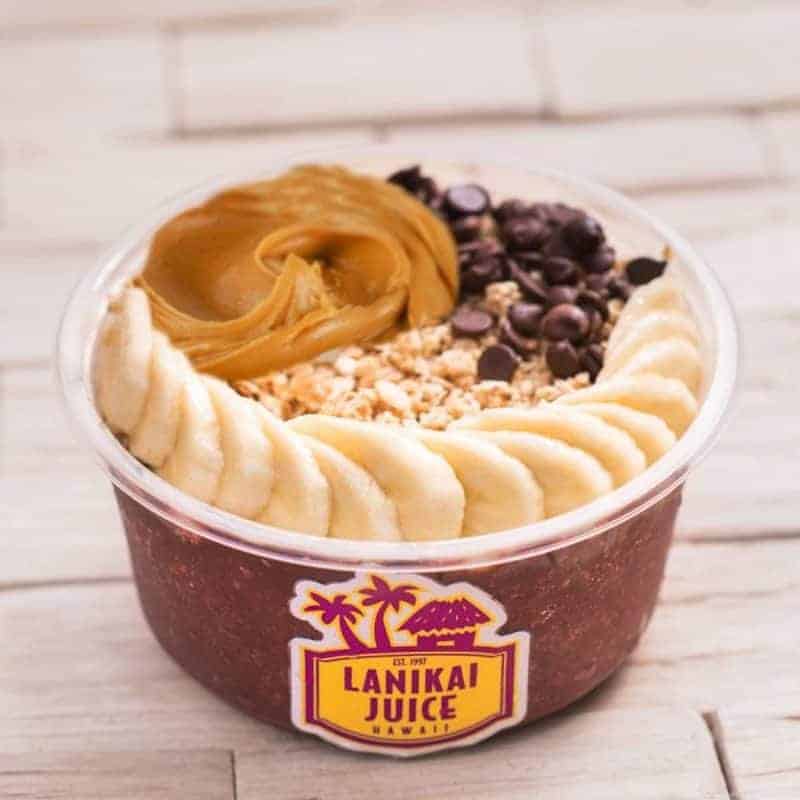Lanikai Juice #3 Ordered Bowl: Acai Monkey-Organic Acai topped with Peanut Butter, Granola, Banana, Organic Cacao Nibs.