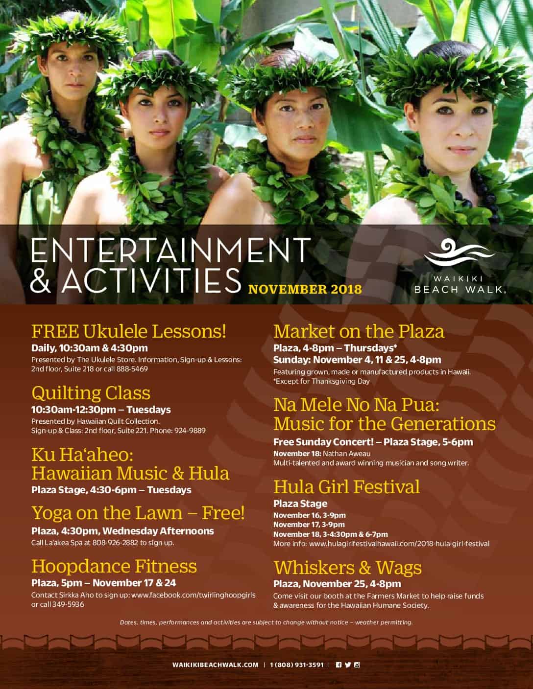 Entertainment & Activities in November at Waikiki Beach Walk ( Kaiwa located in 2nd floor)